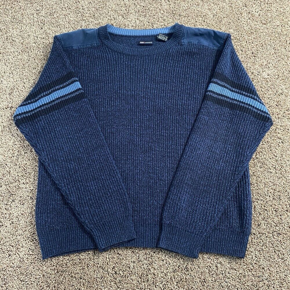 VTG Faded Glory Crewneck Sweater Men’s XL Pull Over Blue Denim Patch Shoulders
